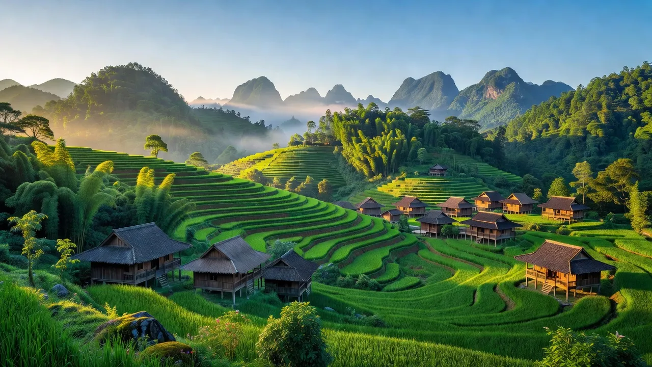 Cảnh quan xã Ngọc Long, huyện Yên Minh, tỉnh Hà Giang với đồi núi xanh tươi và nhà truyền thống.