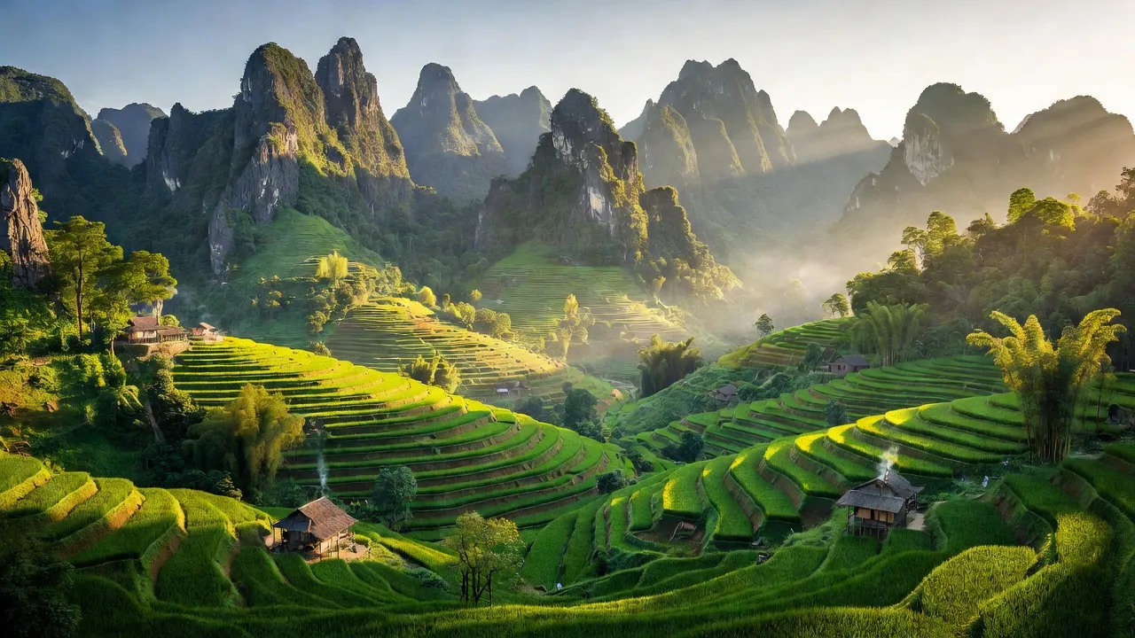 Khung cảnh đẹp tại xã Sủng Thài, huyện Yên Minh, Hà Giang với núi đồi và ruộng bậc thang.