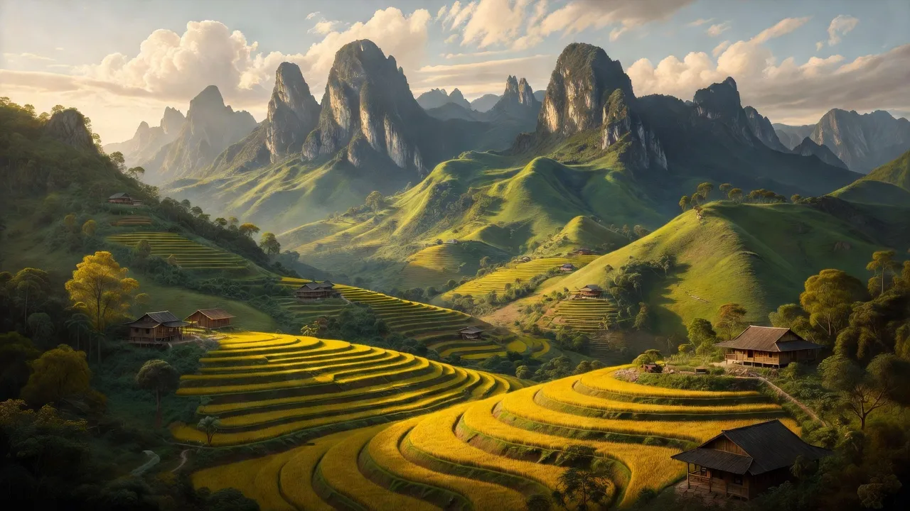 Phong cảnh Sủng Thài, Yên Minh, Hà Giang với núi non hùng vĩ và ruộng bậc thang đẹp mắt.