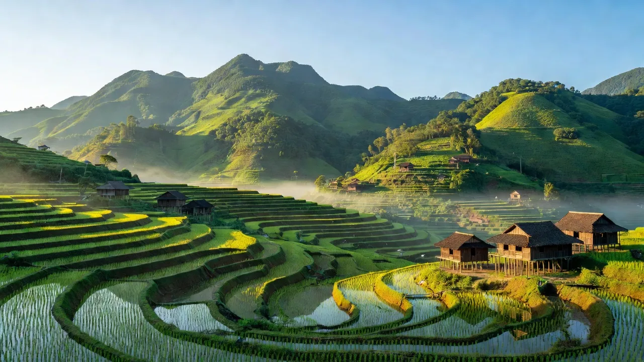Xã Sủng Tráng, huyện Yên Minh, tỉnh Hà Giang với đồi núi và nhà sàn truyền thống, khung cảnh yên bình.
