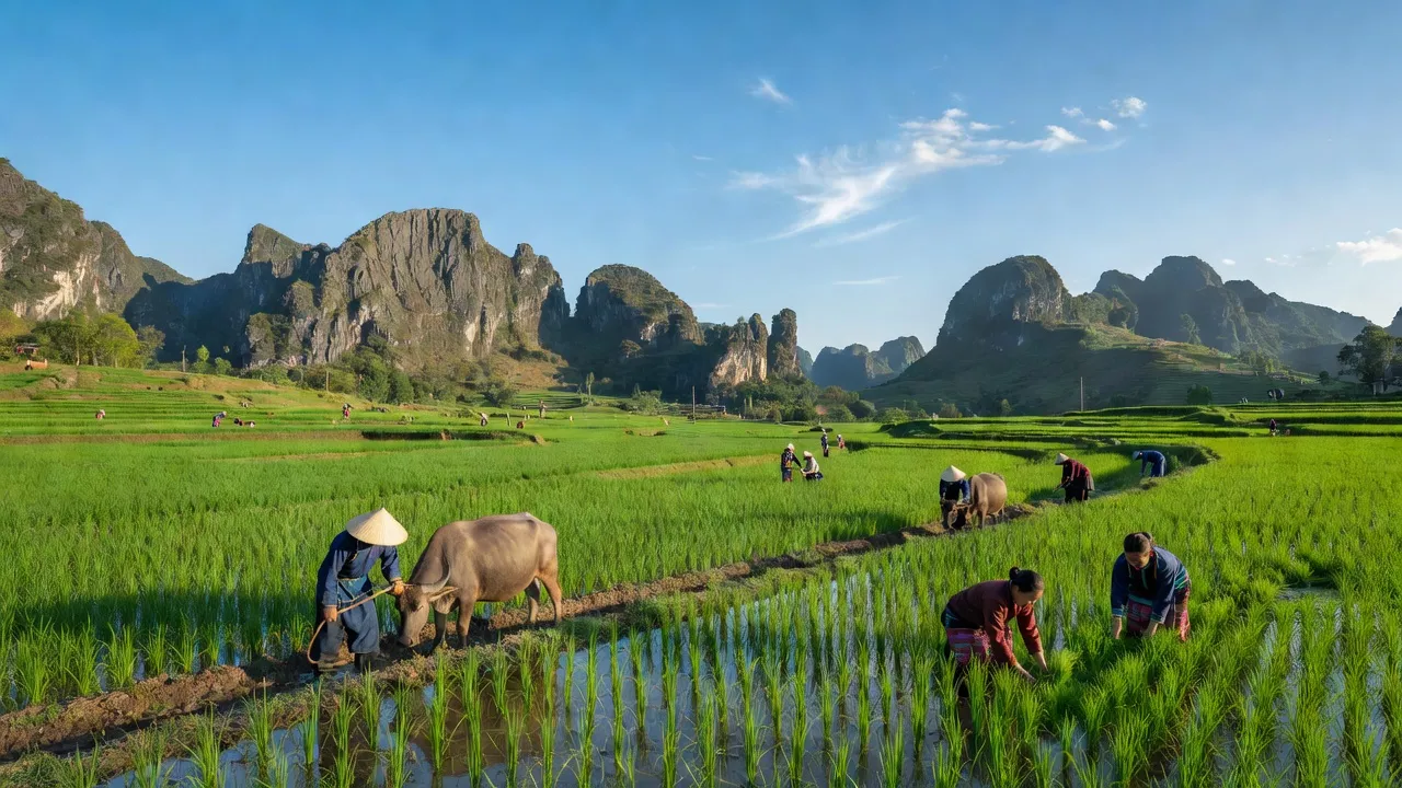 Khung cảnh xã Thắng Mố, huyện Yên Minh, Hà Giang với cánh đồng xanh và núi đá vôi.