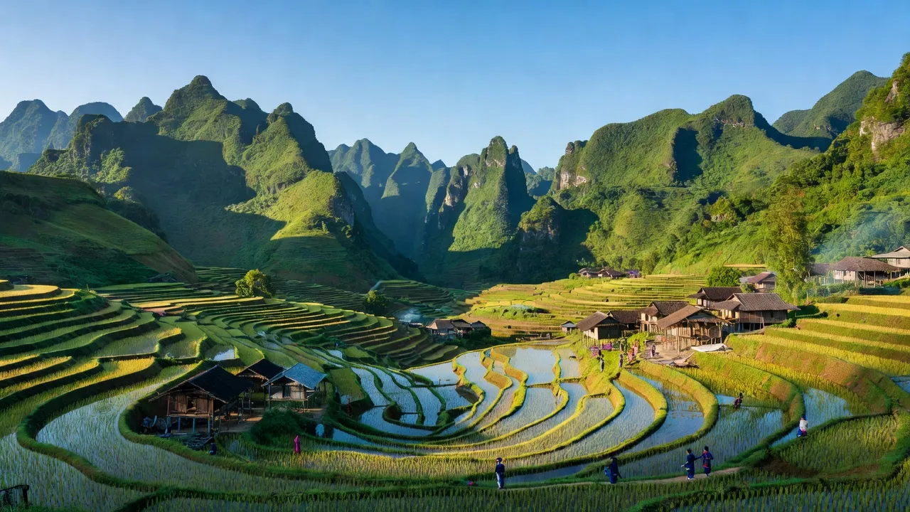 Cảnh đẹp Hà Giang với núi non, ruộng bậc thang và làng bản dân tộc thiểu số.