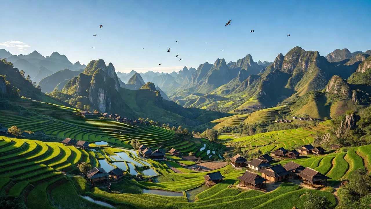 Cảnh quan núi non hùng vĩ tỉnh Hà Giang, ruộng bậc thang và bản làng dân tộc thiểu số.