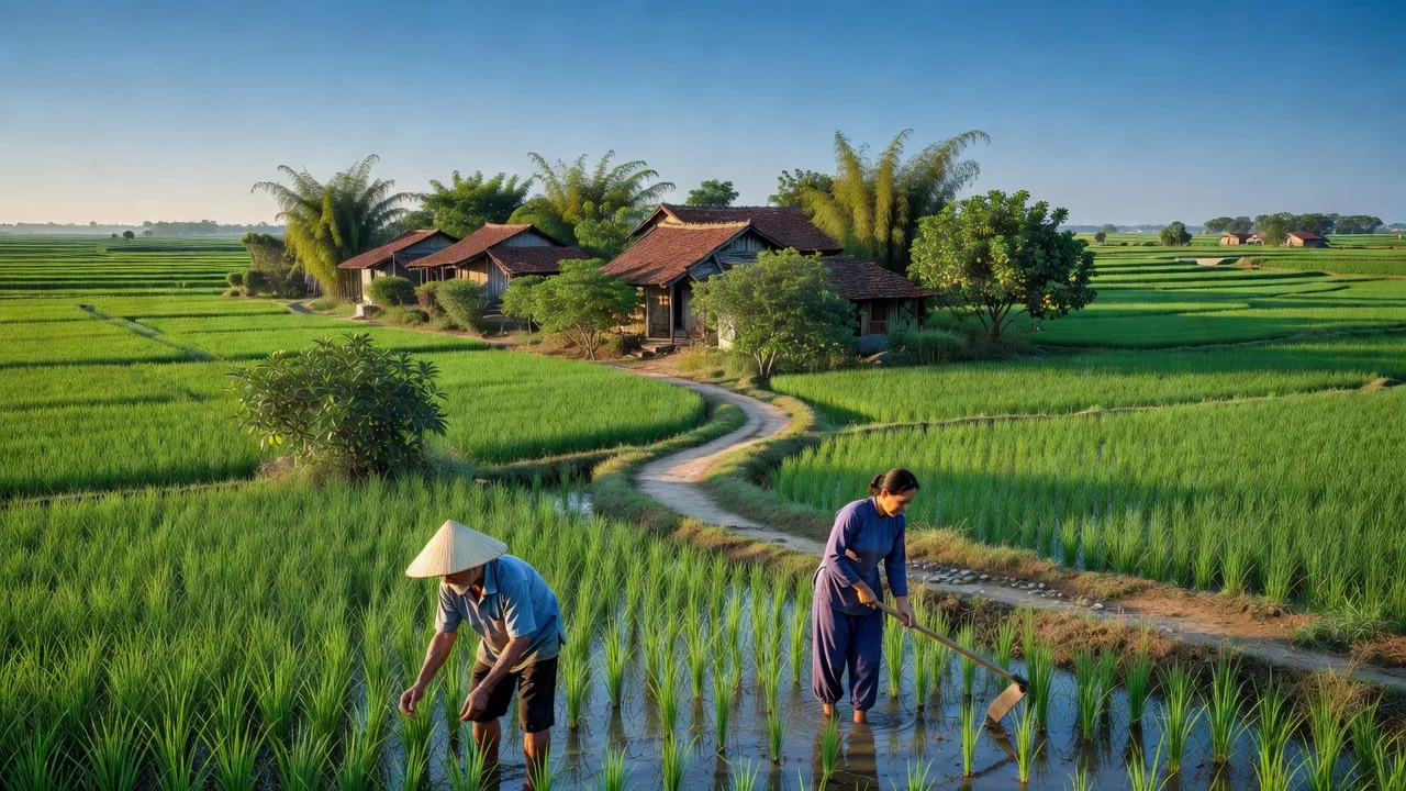 Huyện Bình Lục, Hà Nam với cánh đồng xanh tươi và nông dân làm việc, vùng Đồng bằng sông Hồng.