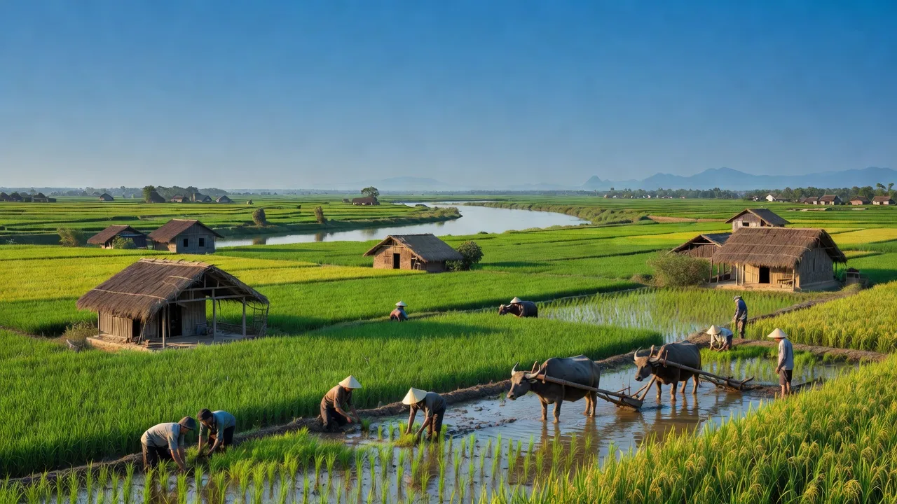 Khung cảnh huyện Bình Lục, Hà Nam với đồng lúa xanh, nhà nông thôn và bầu trời trong xanh.