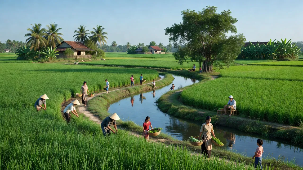 Khung cảnh đồng quê An Đổ, Bình Lục, Hà Nam, với ruộng xanh và sinh hoạt người dân.