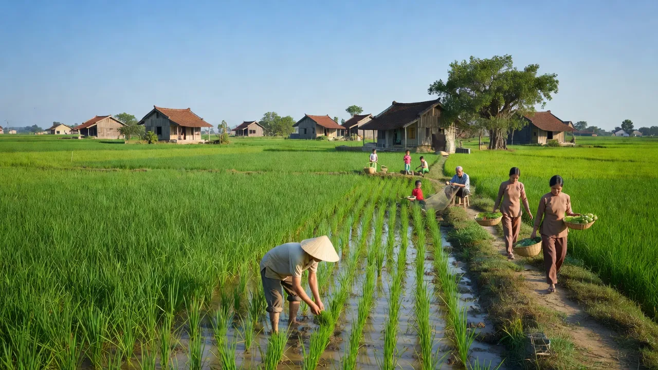 Khung cảnh yên bình xã An Đổ, huyện Bình Lục, tỉnh Hà Nam với cánh đồng lúa xanh, nhà truyền thống.