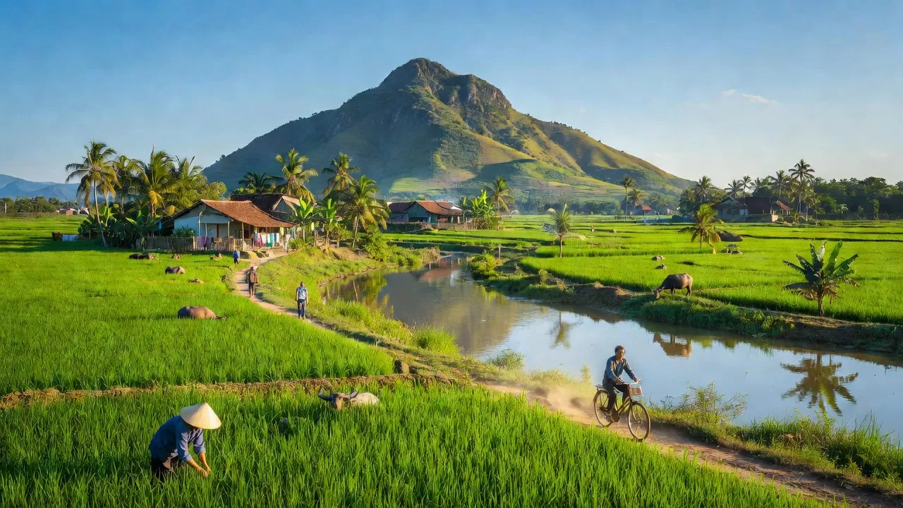 Cảnh đẹp nông thôn tại Xã An Lão, Huyện Bình Lục, Tỉnh Hà Nam, núi An Lão và sông Ninh Giang.