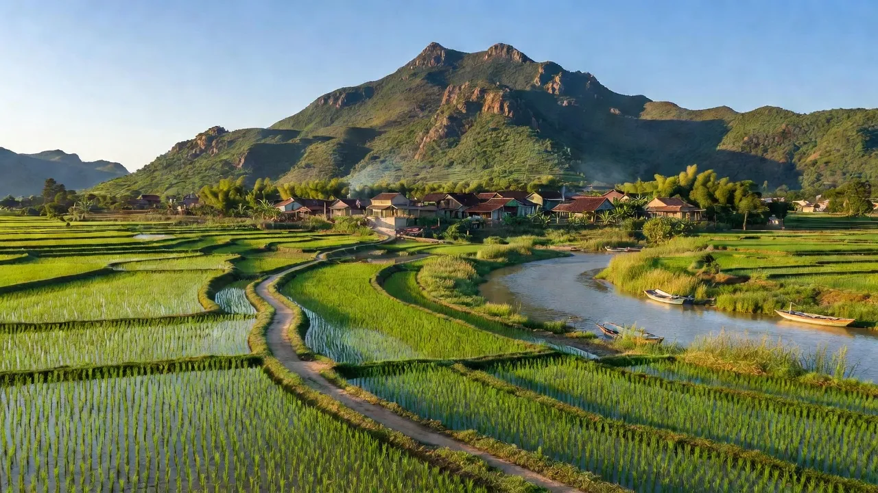 Cảnh quan An Lão, huyện Bình Lục, tỉnh Hà Nam với núi An Lão và sông Ninh Giang.