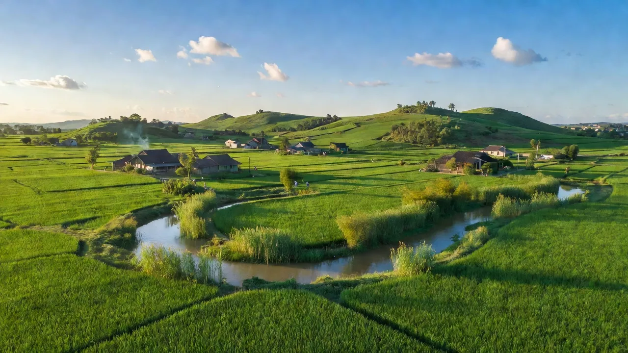 Khung cảnh yên bình xã An Ninh, Bình Lục, Hà Nam với cánh đồng xanh mướt và dòng sông uốn lượn.