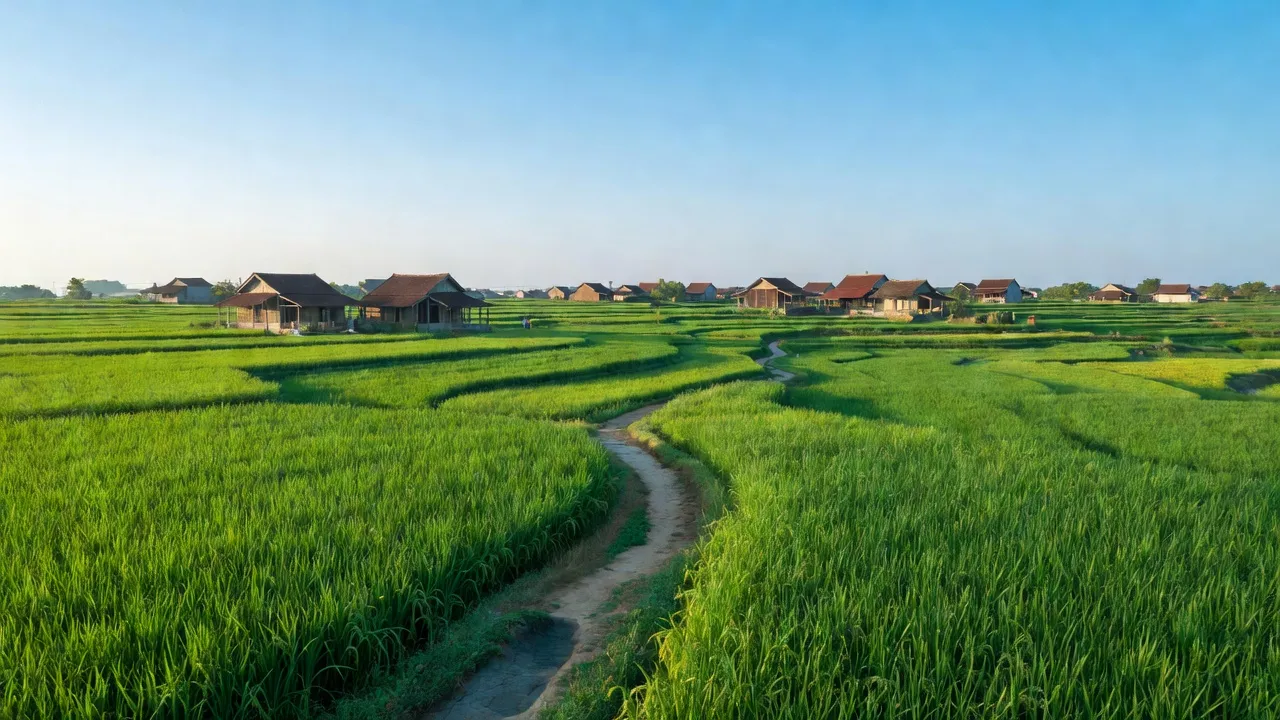 Cảnh đẹp xã Bình An, huyện Bình Lục, tỉnh Hà Nam với cánh đồng xanh và nhà truyền thống.