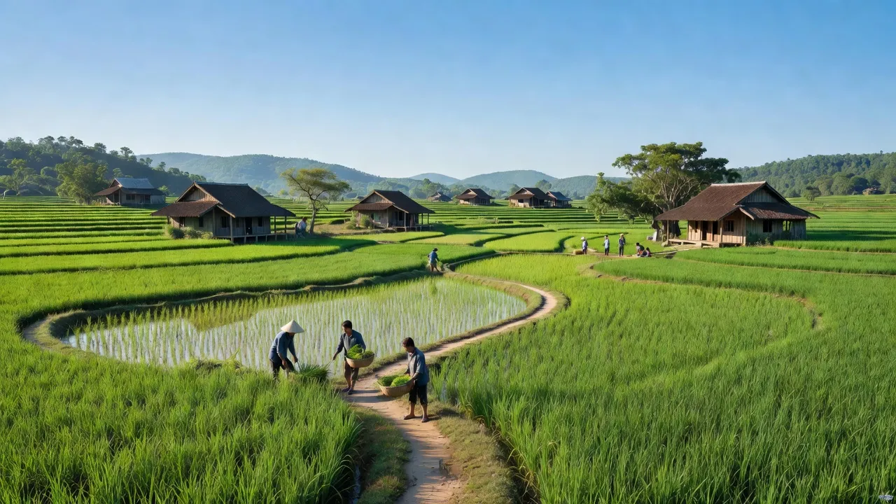 Cảnh quan bình yên xã Bình An, huyện Bình Lục, tỉnh Hà Nam với cánh đồng xanh tươi.