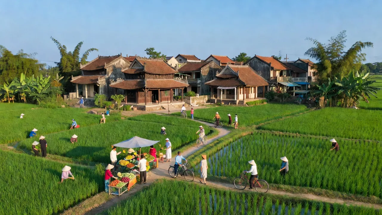 Thị trấn Bình Mỹ, huyện Bình Lục, Hà Nam với kiến trúc truyền thống và cảnh sắc tươi đẹp.