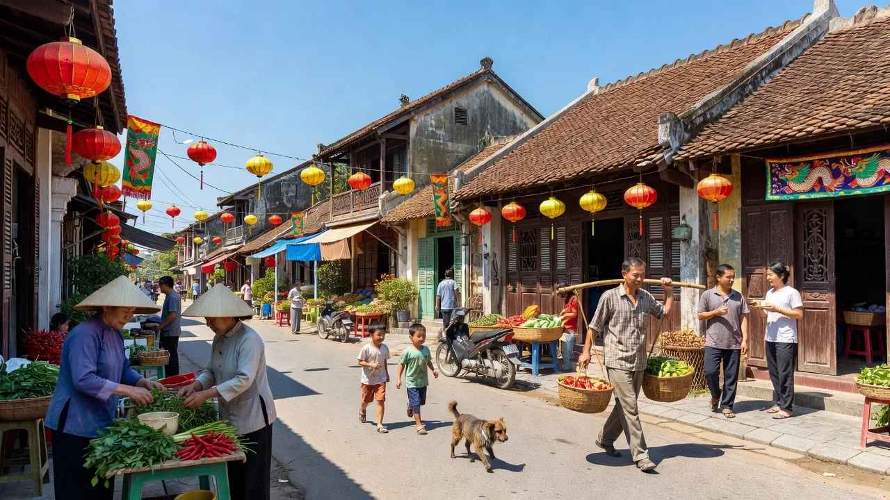 Thị trấn Bình Mỹ, huyện Bình Lục, tỉnh Hà Nam với hoạt động cộng đồng và cảnh quan nông thôn.