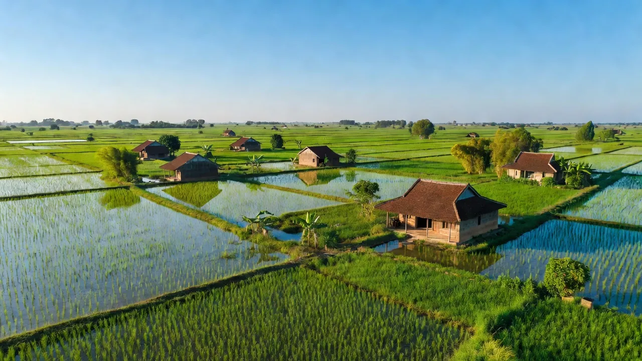 Khung cảnh yên bình xã Bình Nghĩa, huyện Bình Lục, tỉnh Hà Nam với địa hình thấp trũng.