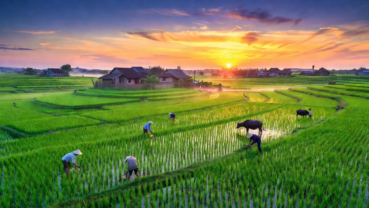 Khung cảnh Xã Bồ Đề, huyện Bình Lục với cánh đồng xanh và nhà truyền thống Việt Nam.