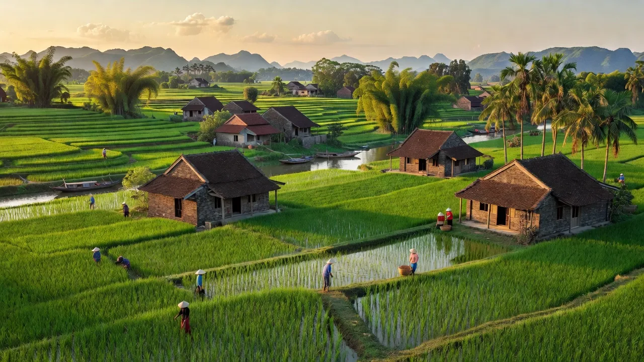 Xã Bồ Đề, huyện Bình Lục, tỉnh Hà Nam với cánh đồng xanh và nhà truyền thống.