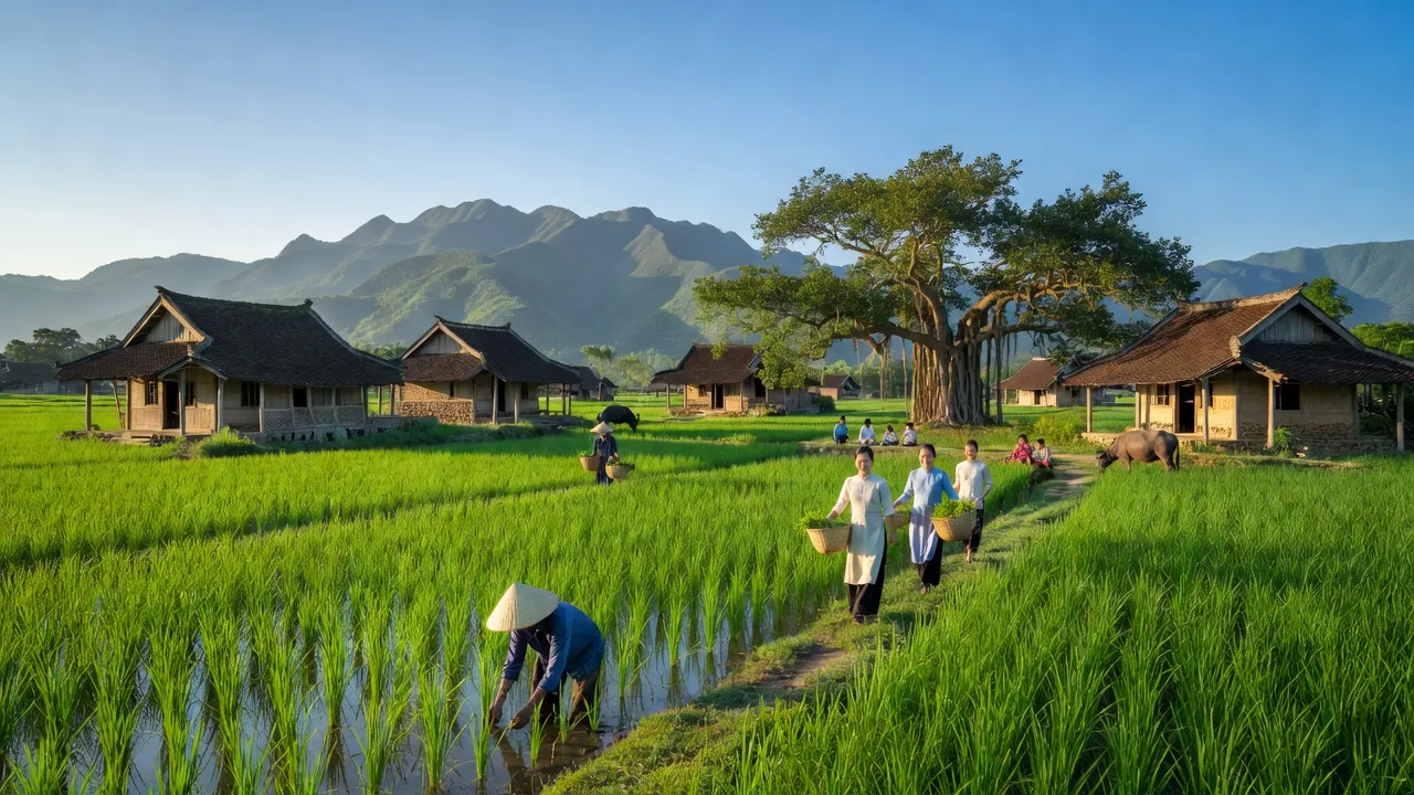 Phong cảnh yên bình tại xã Đồn Xá, huyện Bình Lục, tỉnh Hà Nam, với cánh đồng xanh và nhà truyền thống.