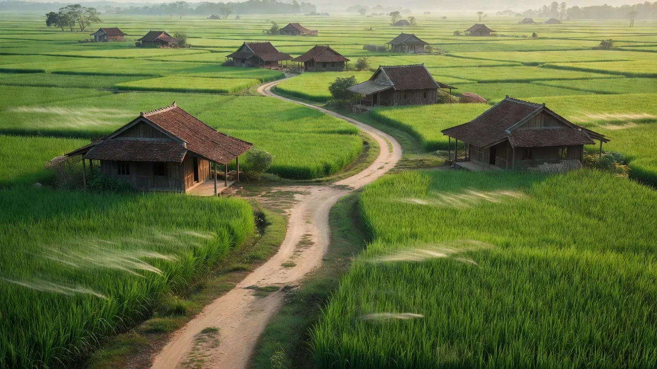 Cánh đồng xanh mướt và nhà truyền thống ở xã Đồng Du, Bình Lục, Hà Nam, nông thôn Việt Nam.