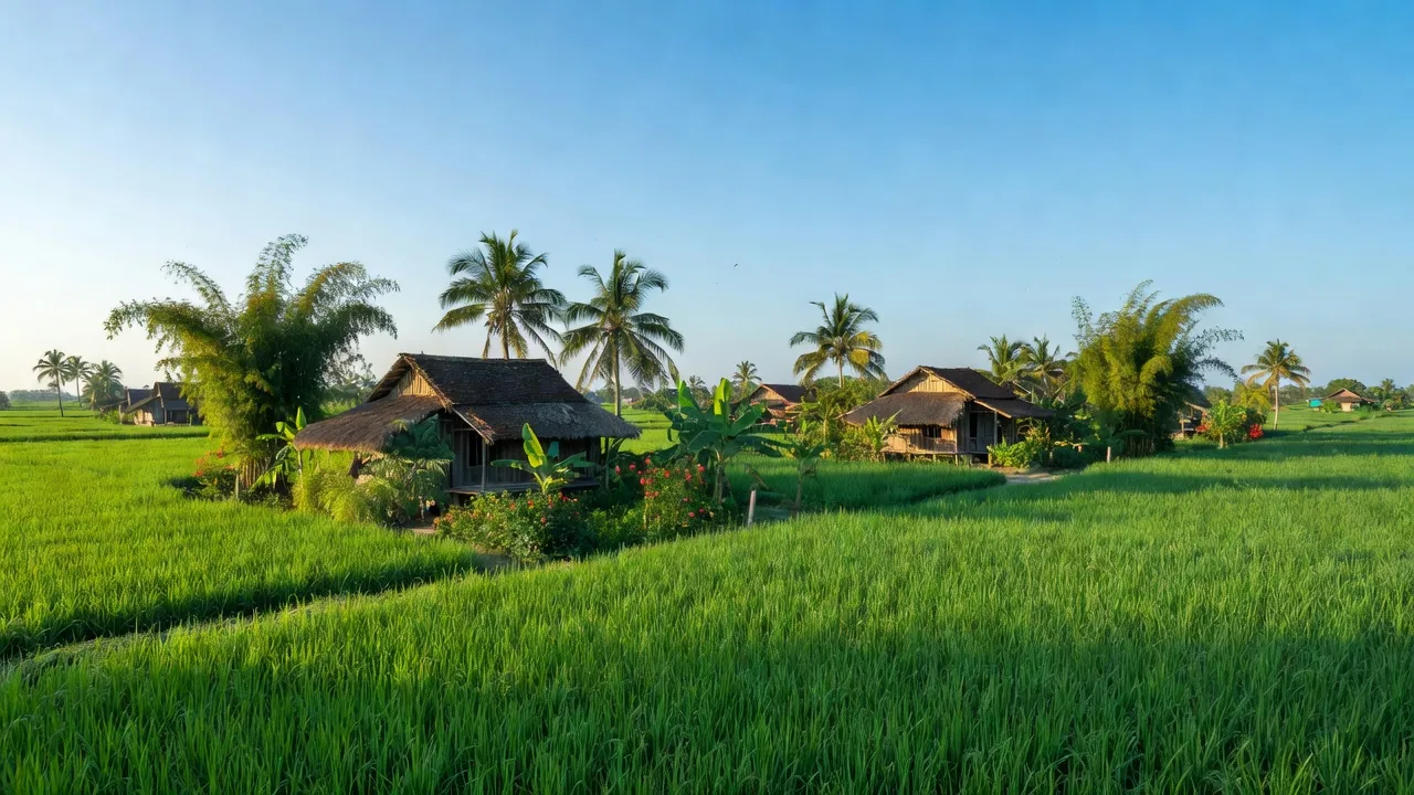 Cảnh quan xã La Sơn, Bình Lục, Hà Nam với cánh đồng xanh, nhà nông thôn, trời trong xanh.