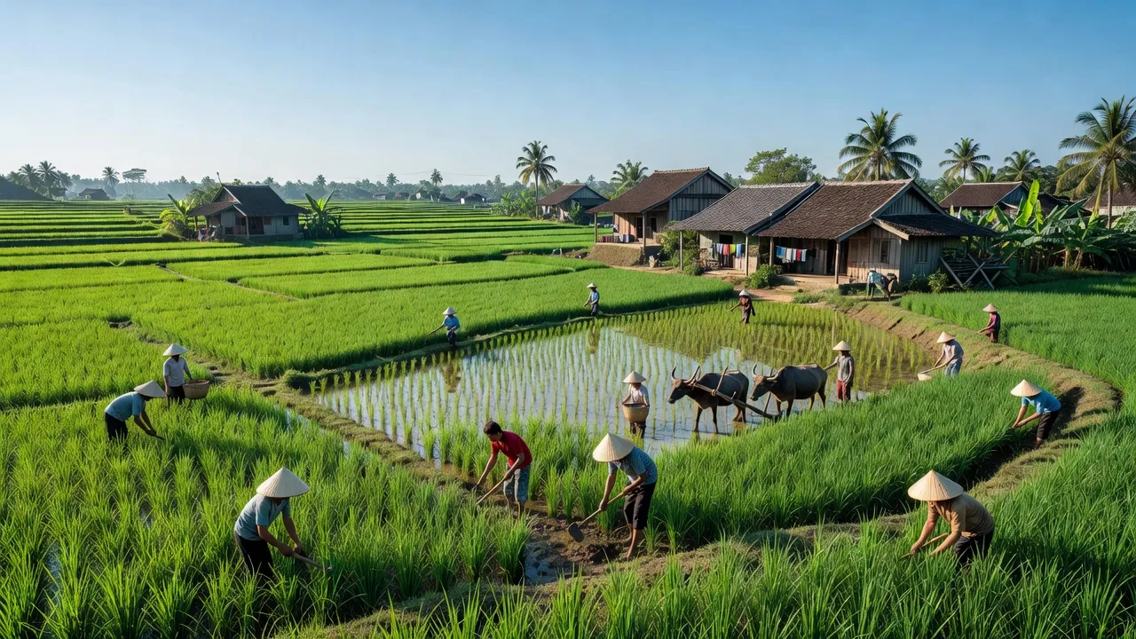 Khung cảnh yên bình xã La Sơn, huyện Bình Lục, tỉnh Hà Nam với cánh đồng xanh và nhà truyền thống.