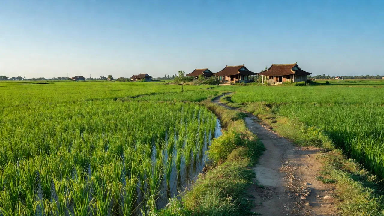 Khung cảnh yên bình của xã Ngọc Lũ, huyện Bình Lục, Hà Nam với cánh đồng lúa xanh mướt, trời xanh.