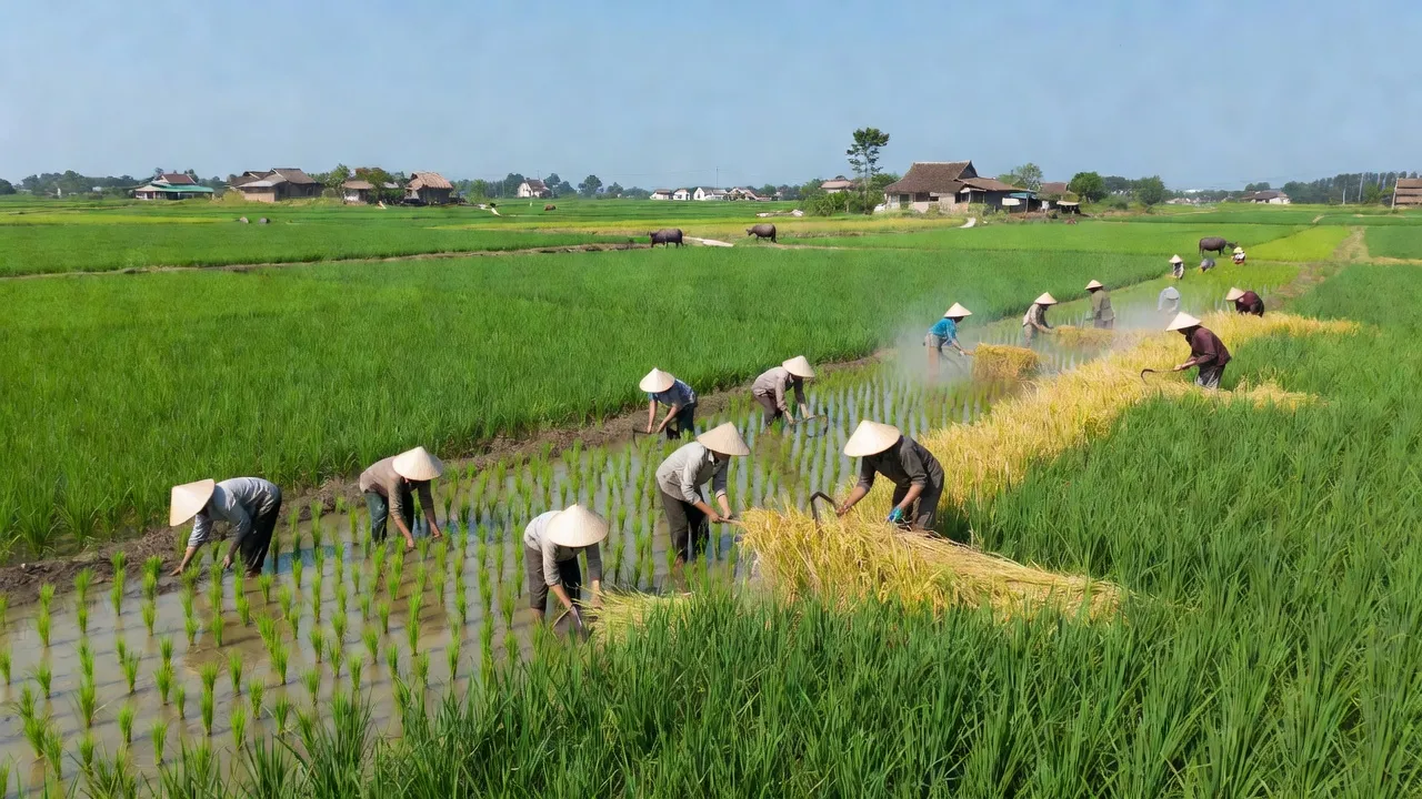 Cảnh quan xã Tiêu Động, huyện Bình Lục, tỉnh Hà Nam với đồng ruộng xanh tươi và người nông dân.