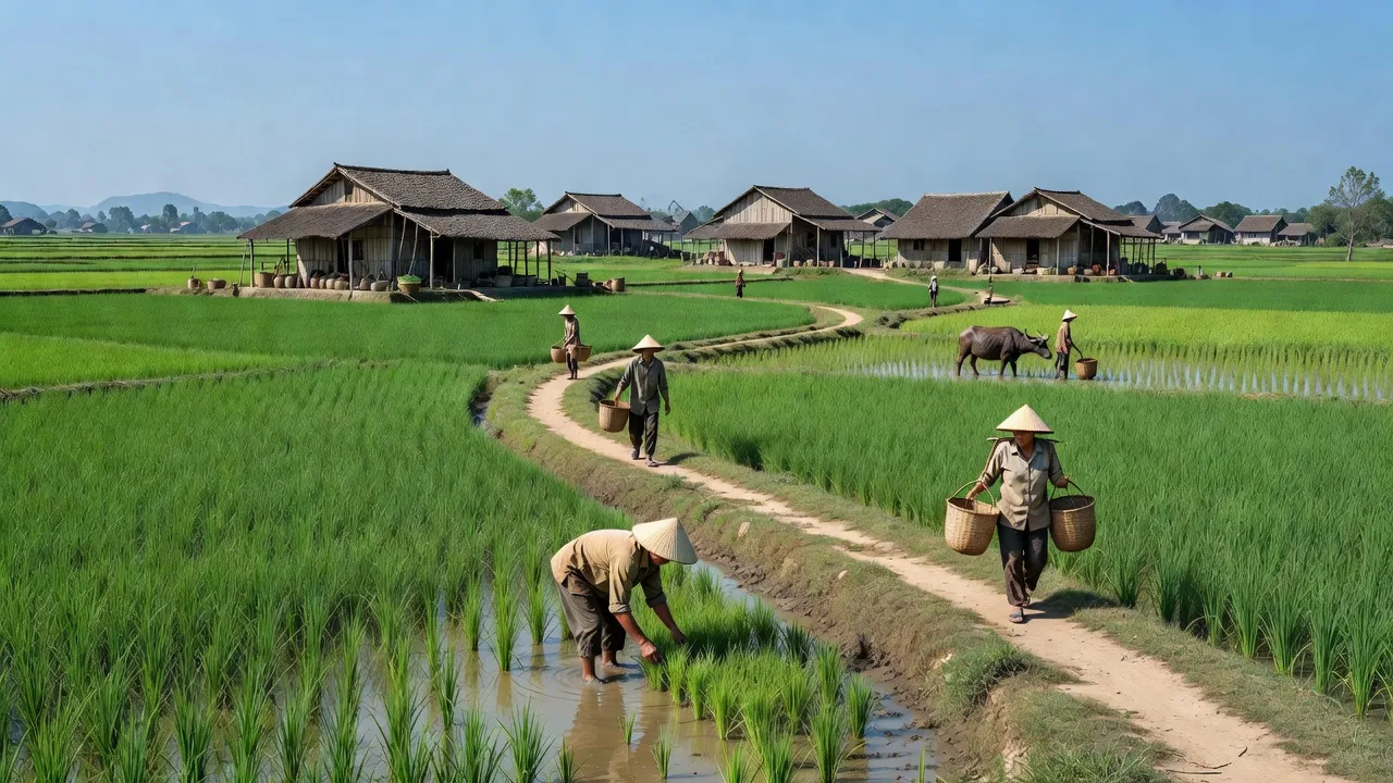 Cảnh đẹp nông thôn xã Tràng An, huyện Bình Lục, tỉnh Hà Nam với cánh đồng xanh.