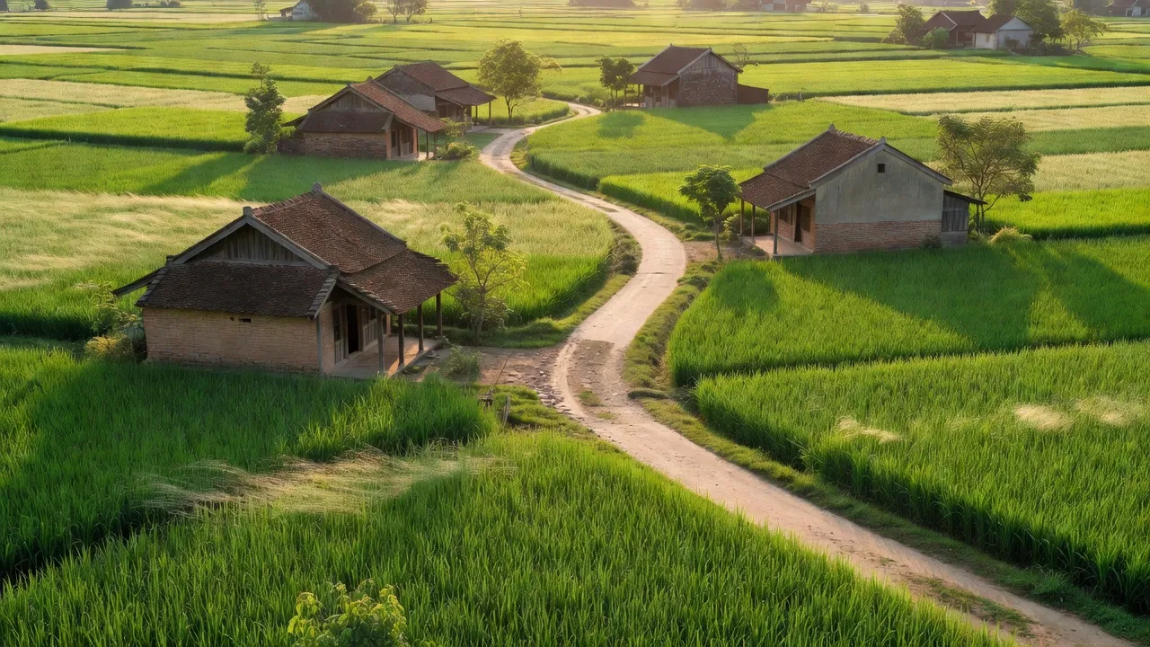 Phong cảnh đẹp Tràng An, Bình Lục, Hà Nam với đồng ruộng, đường thôn và nhà truyền thống.