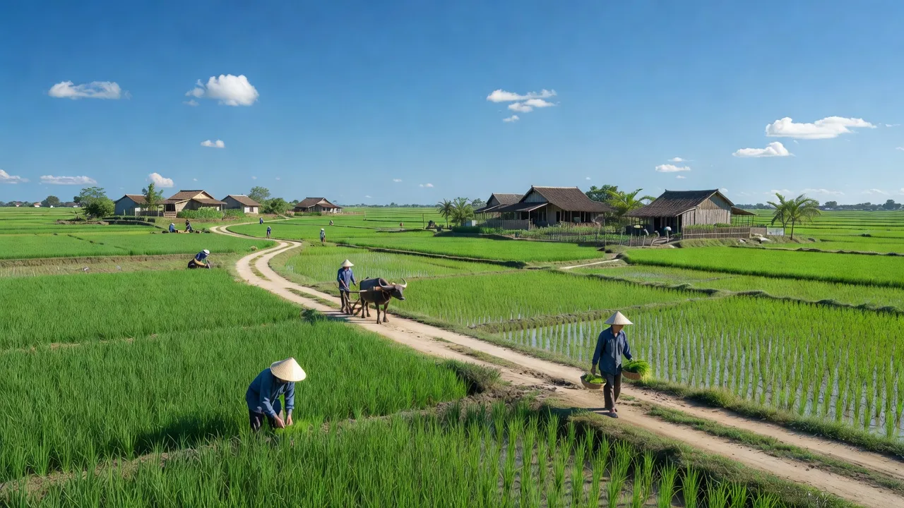 Cảnh đồng xanh rực rỡ tại xã Trung Lương, huyện Bình Lục, tỉnh Hà Nam, Việt Nam.