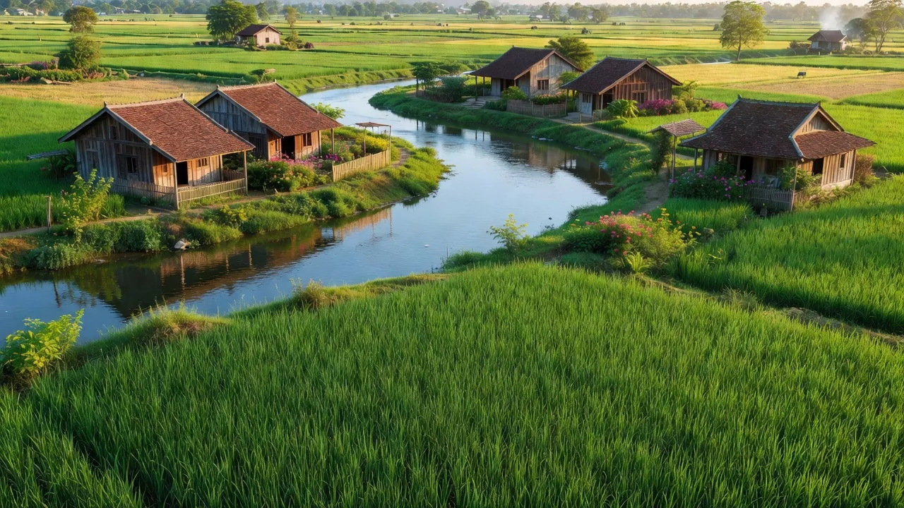 Cảnh quan xã Vũ Bản, Bình Lục, Hà Nam với cánh đồng xanh và dòng sông bình yên.