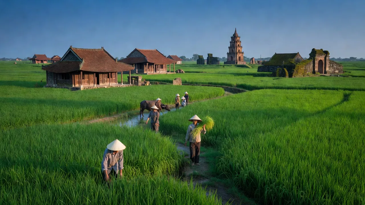Cảnh sắc yên bình xã Vũ Bản, huyện Bình Lục, Hà Nam, với ruộng lúa xanh mướt và nhà truyền thống.