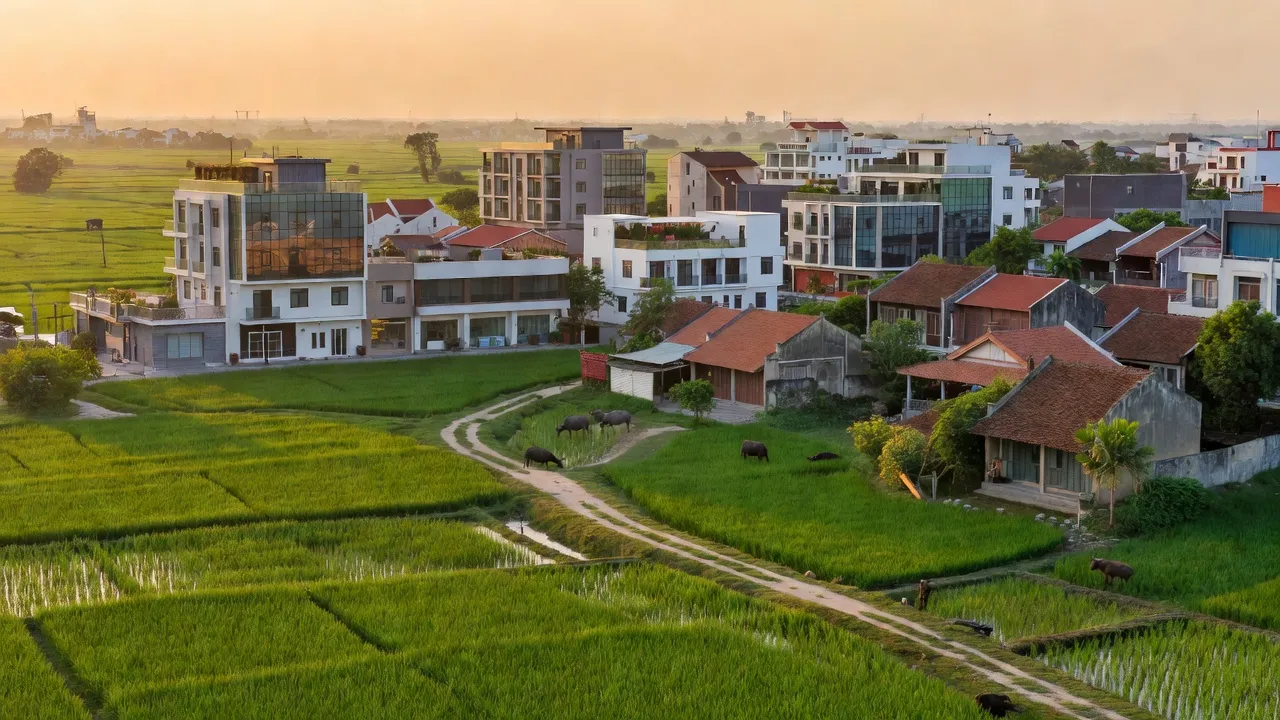 Khung cảnh thị xã Duy Tiên, Hà Nam với kết hợp nông thôn và đô thị hiện đại.