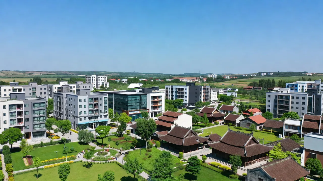 Khung cảnh phường Bạch Thượng, thị xã Duy Tiên, Hà Nam với kiến trúc hiện đại và thiên nhiên xanh tươi.