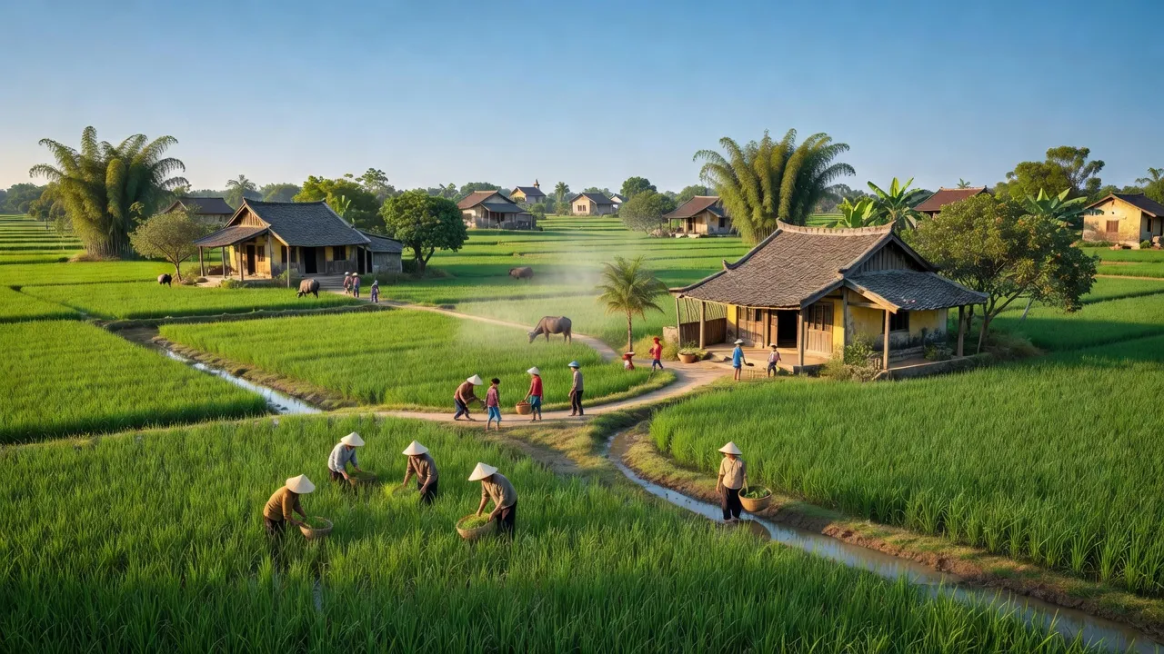 Khung cảnh thanh bình tại xã Chuyên Ngoại, Duy Tiên, Hà Nam với ruộng xanh và nhà truyền thống.