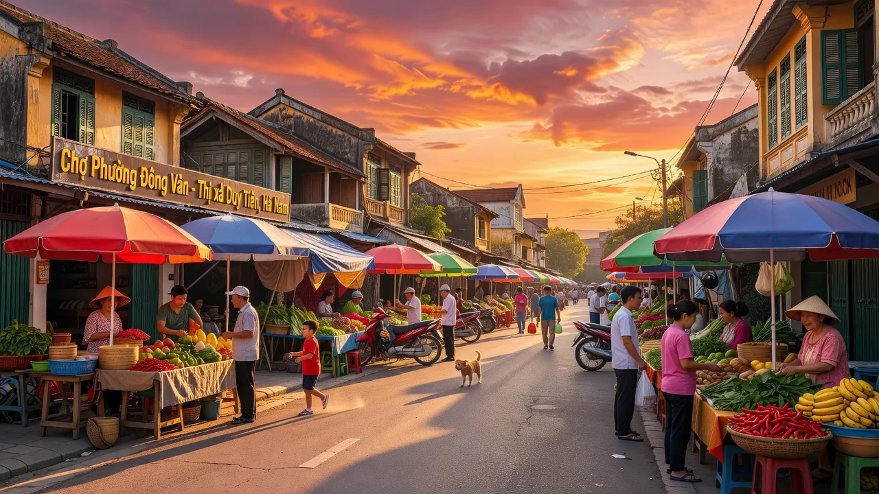 Khung cảnh nhộn nhịp tại Phường Đồng Văn, Thị xã Duy Tiên, tỉnh Hà Nam vào lúc hoàng hôn.