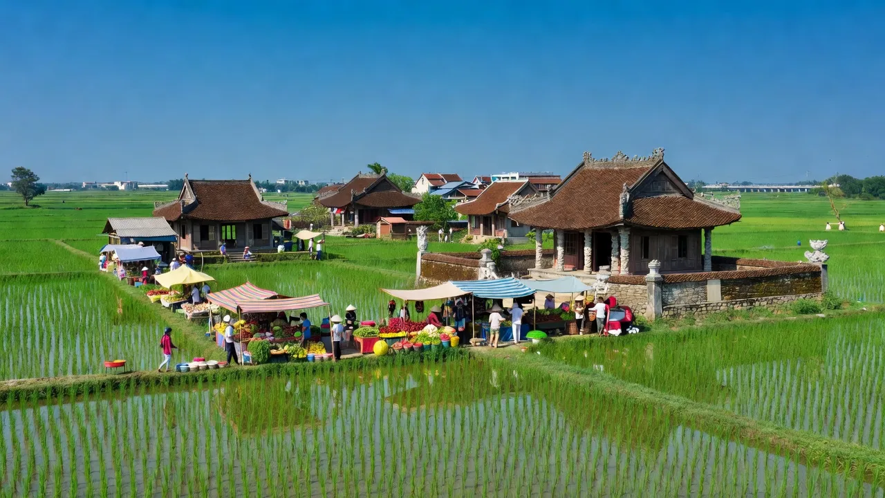 Khung cảnh Phường Đồng Văn, Thị xã Duy Tiên, Hà Nam với cánh đồng xanh và kiến trúc truyền thống.