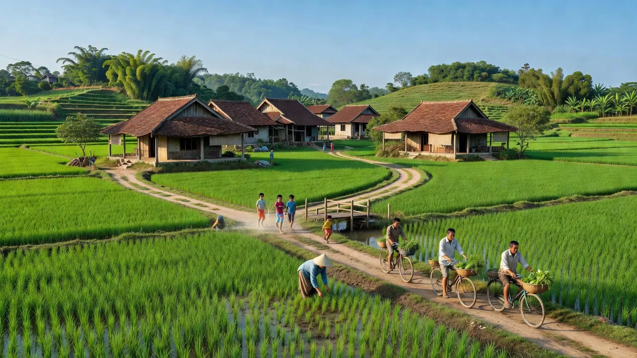 Khung cảnh phường Duy Hải, thị xã Duy Tiên, Hà Nam với cánh đồng xanh và kiến trúc truyền thống.