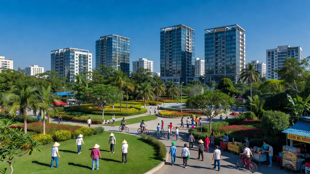 Cảnh quan đô thị Hoàng Đông, Thị xã Duy Tiên, Hà Nam với nhà cửa hiện đại và không gian xanh.