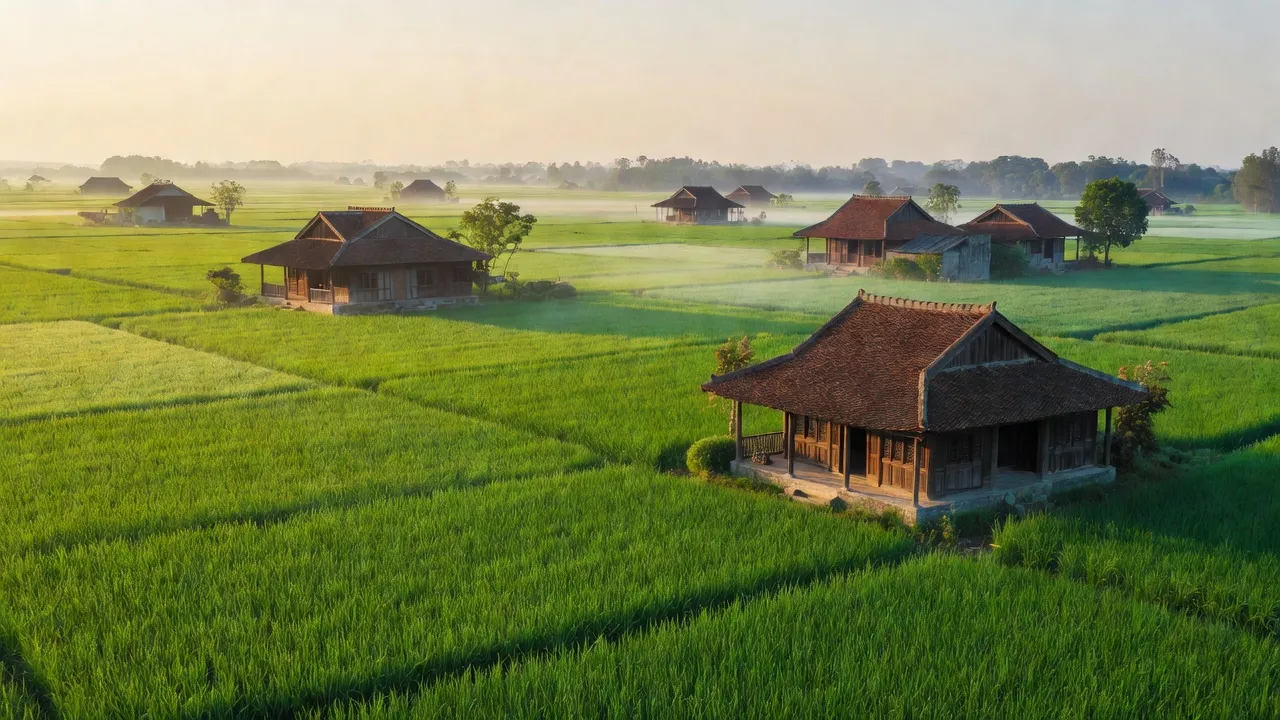 Cánh đồng xanh và nhà truyền thống tại xã Mộc Hoàn, Thị xã Duy Tiên, tỉnh Hà Nam.