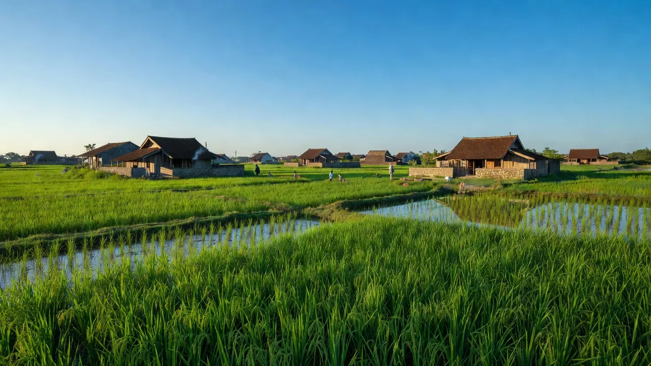 Cảnh quan yên bình xã Mộc Hoàn, Thị xã Duy Tiên, Hà Nam với cánh đồng xanh tươi.