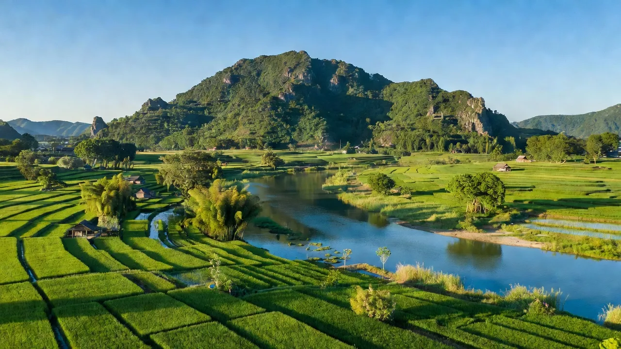 Khung cảnh xã Tiên Sơn, thị xã Duy Tiên, Hà Nam với núi Đọi và sông Châu.