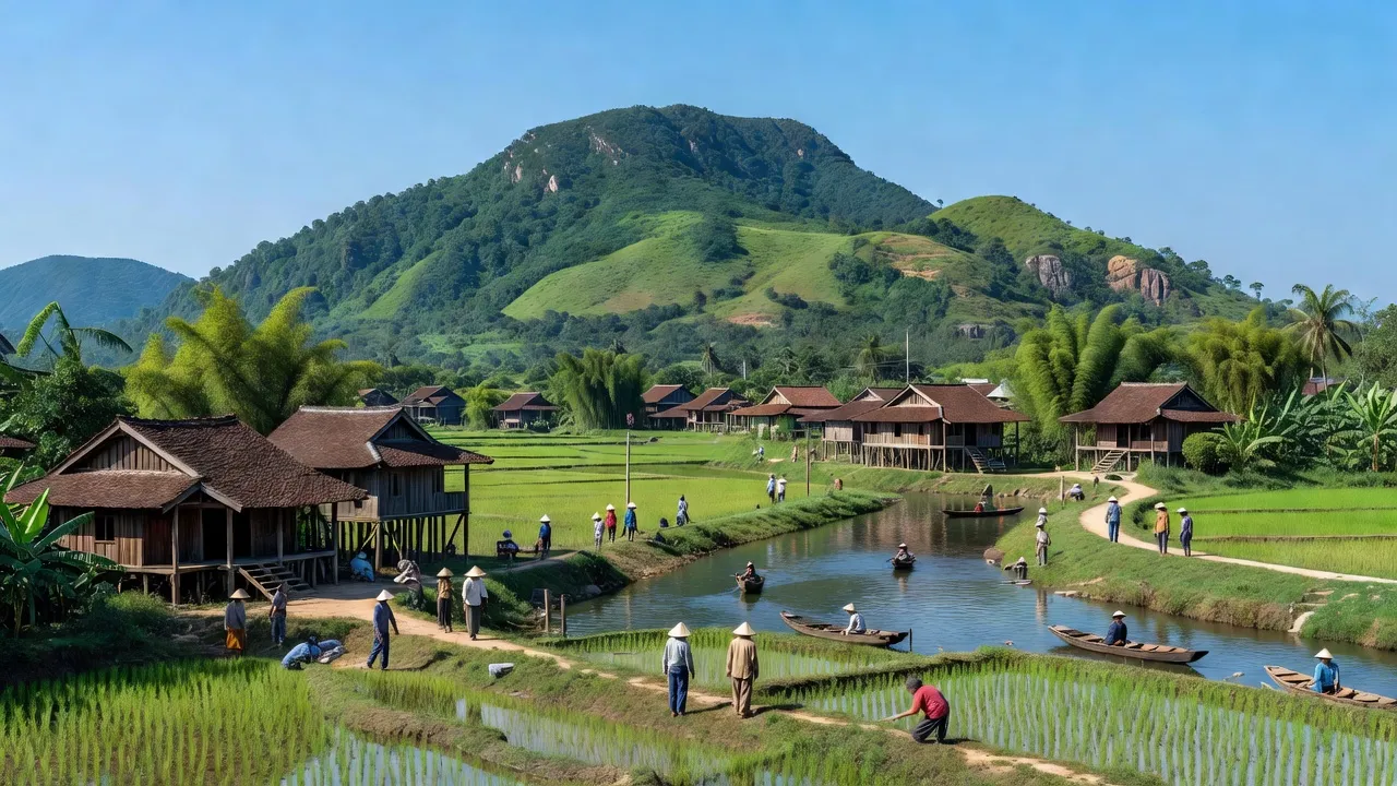 Khung cảnh xã Tiên Sơn, thị xã Duy Tiên, tỉnh Hà Nam với núi Đọi và các khu dân cư sông Châu.