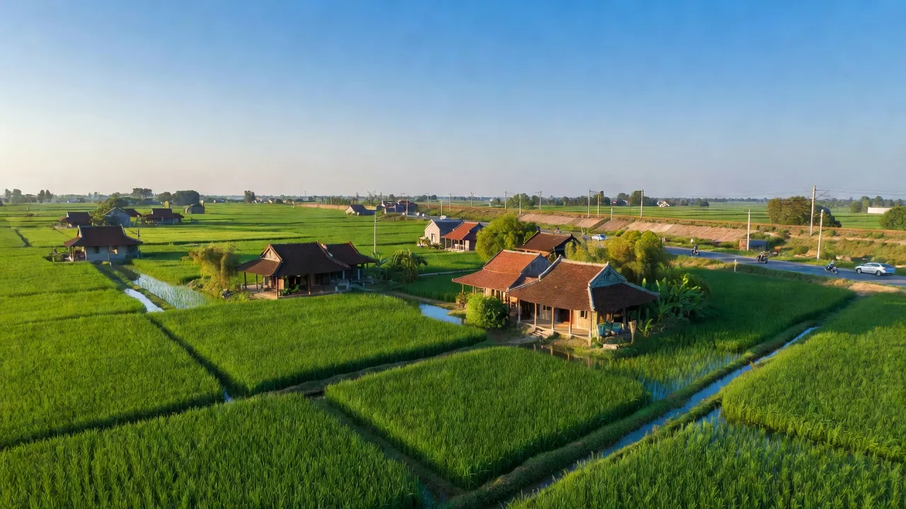 Cảnh quan xã Trác Văn, Thị xã Duy Tiên, tỉnh Hà Nam với nhà cửa và ruộng đồng xanh tươi.