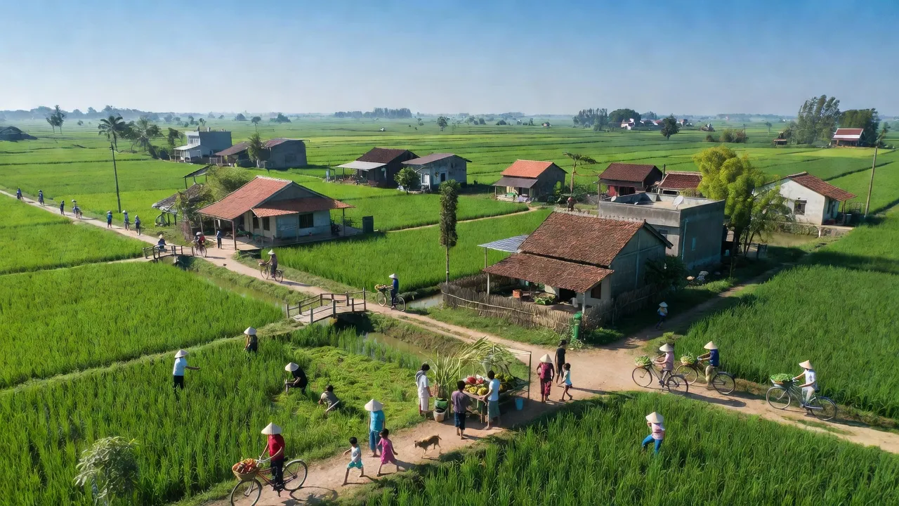 Khung cảnh xã Trác Văn, Thị xã Duy Tiên, tỉnh Hà Nam với đồng xanh và kiến trúc địa phương.