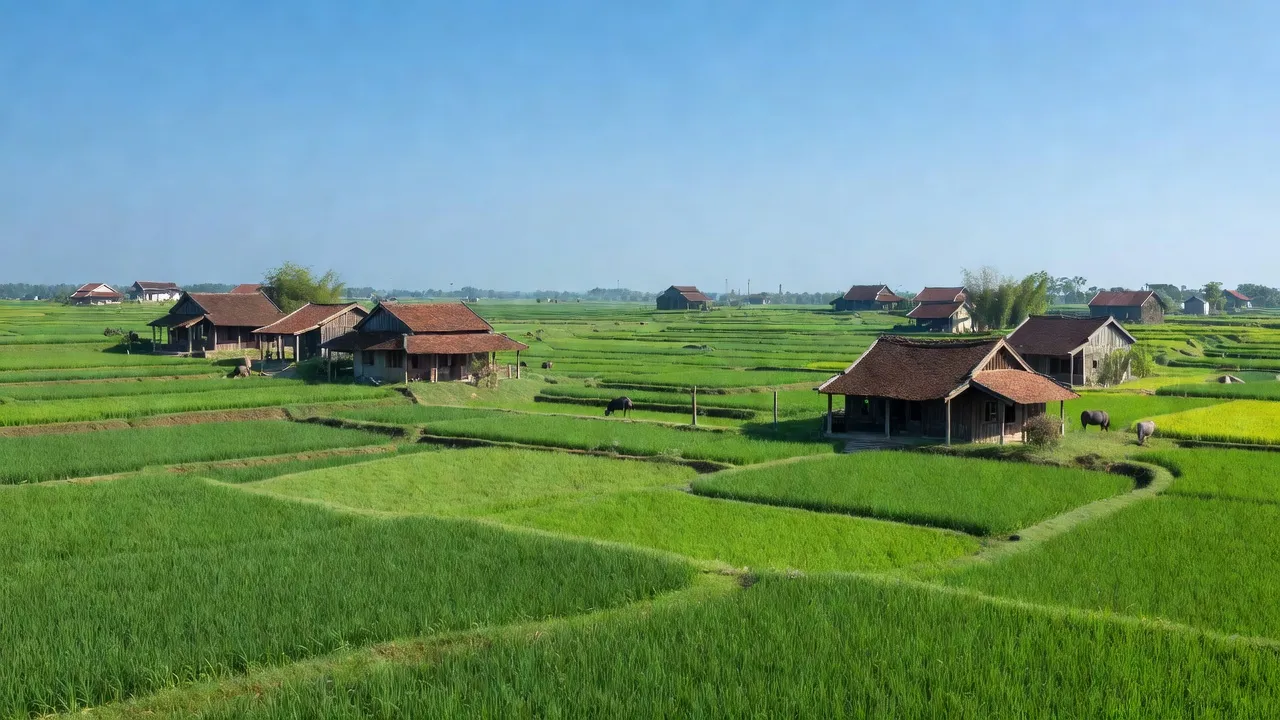 Cảnh quan xã Yên Nam, Thị xã Duy Tiên, tỉnh Hà Nam với đồng lúa và ngôi nhà truyền thống.