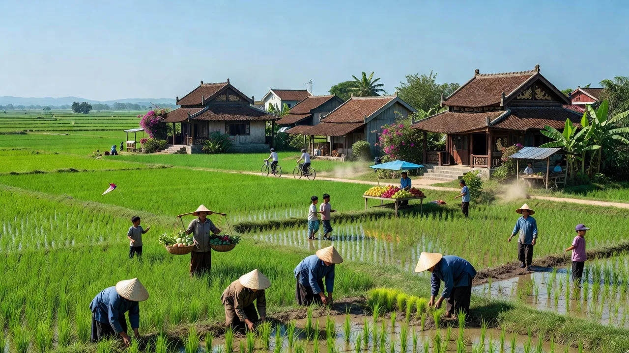 Khung cảnh thị xã Kim Bảng, Hà Nam với ruộng xanh, kiến trúc truyền thống và người dân đang sinh hoạt.