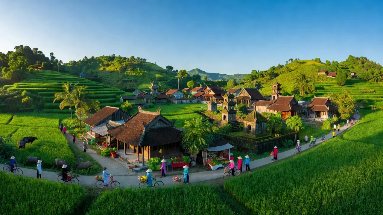 Quang cảnh thị xã Kim Bảng, Hà Nam với phong cảnh thiên nhiên xanh tươi và kiến trúc truyền thống.