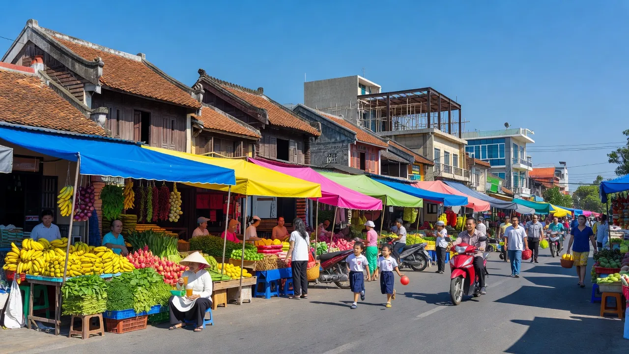 Cảnh sắc sầm uất tại Phường Ba Sao, Thị xã Kim Bảng, Tỉnh Hà Nam với nhà cổ và chợ địa phương.