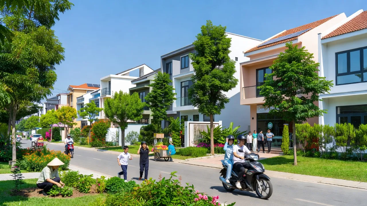 Khung cảnh phường Ba Sao, thị xã Kim Bảng, Hà Nam với ngôi nhà mới, cây xanh và bầu trời trong.
